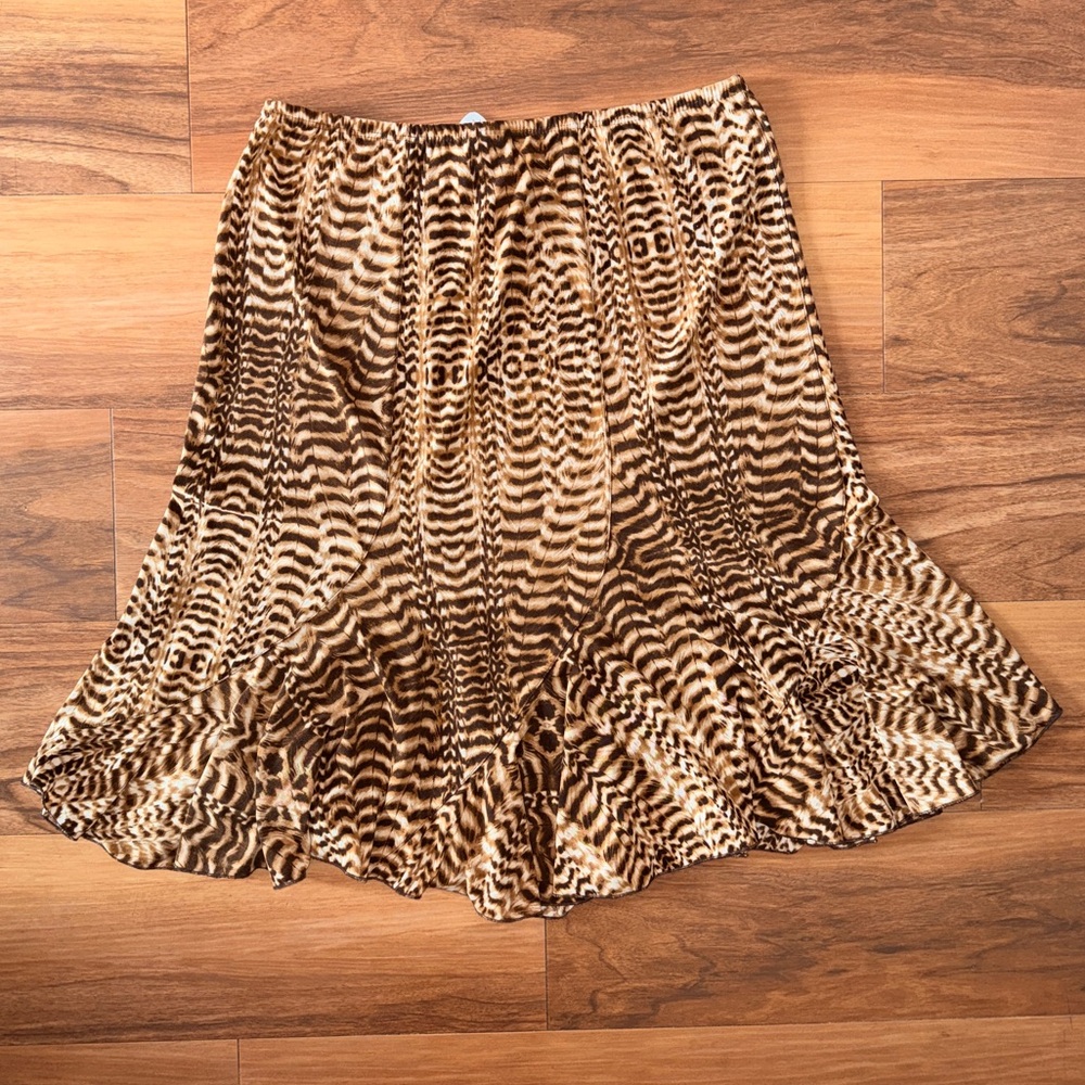 Vintage B.Moss brown cheetah/feather print midi skirt with ruffle trim detail